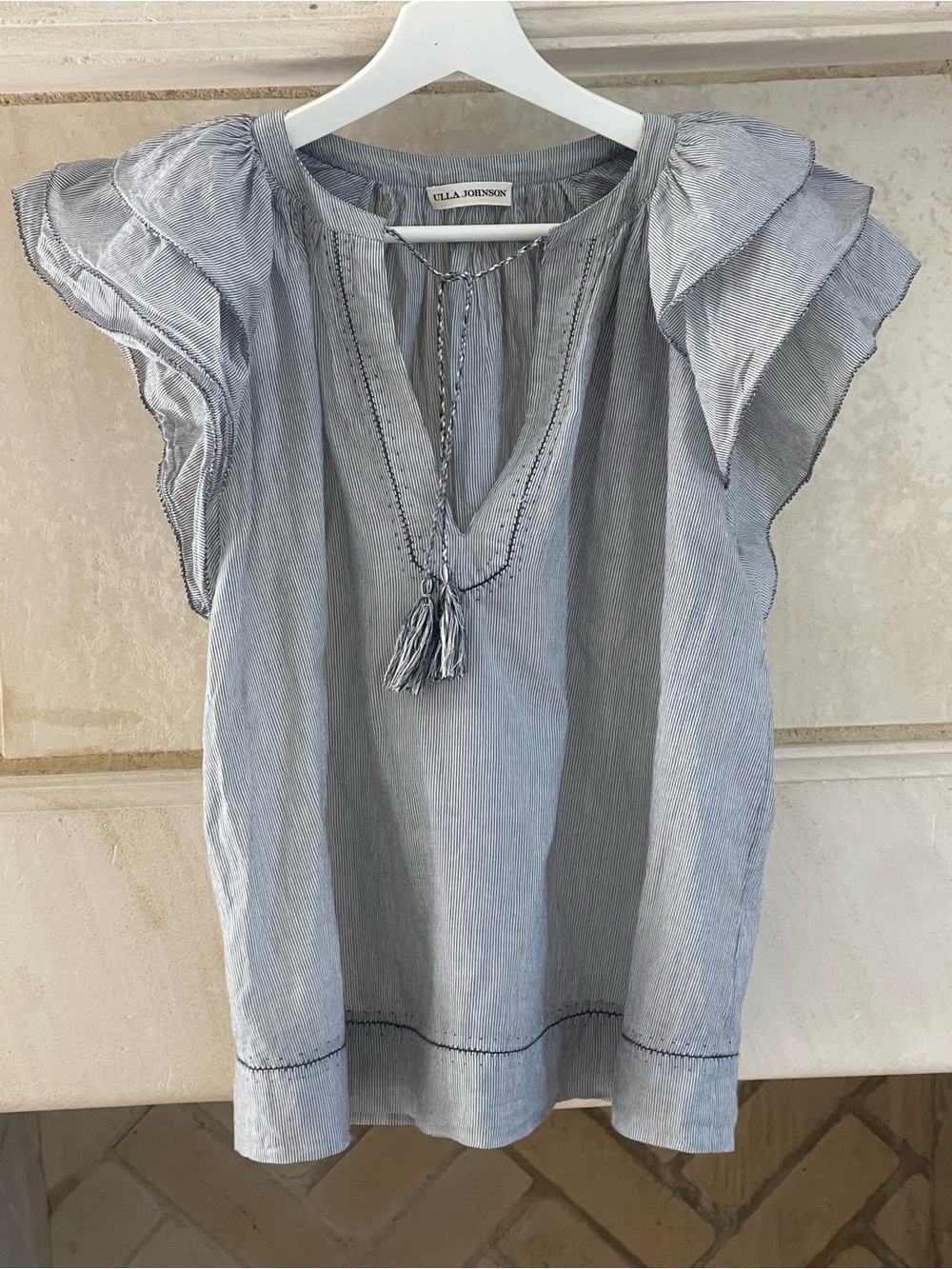 Ulla Johnson Light Blue Striped Tassel Flutter Sleeve Top